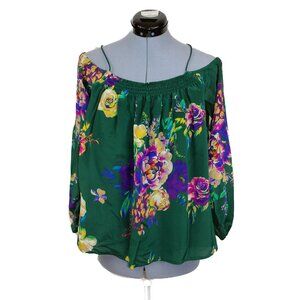 Anthropologie MAEVE XS Green Silk Blouse Tunic Floral Off The Shoulder Cottage